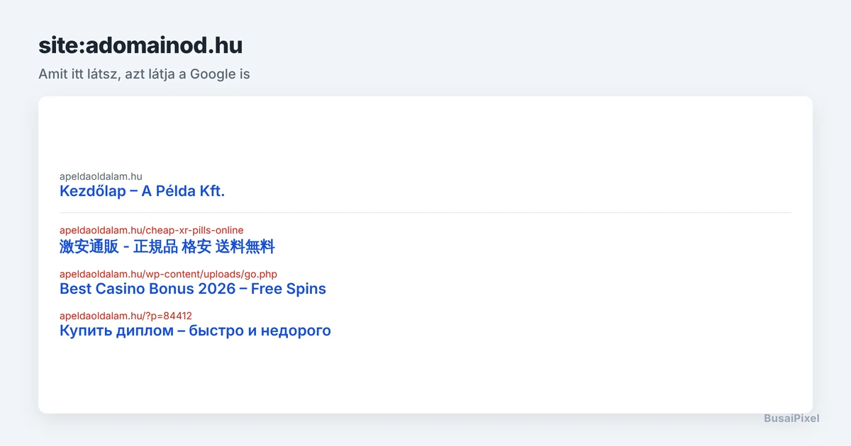 Google találati lista idegen nyelvű spam címekkel egy magyar domain alatt