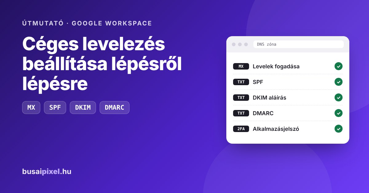 Google Workspace céges levelezés beállítása: MX, SPF, DKIM és DMARC rekordok lépésről lépésre