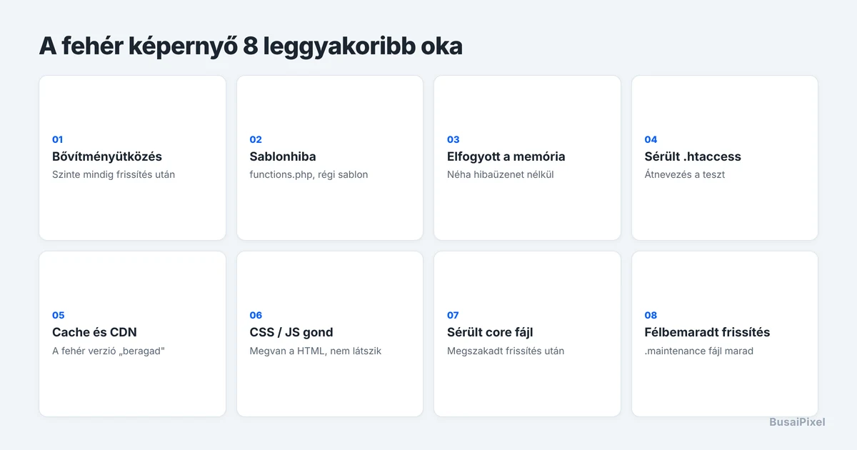 A WordPress fehér képernyő nyolc leggyakoribb oka áttekintő ábrán