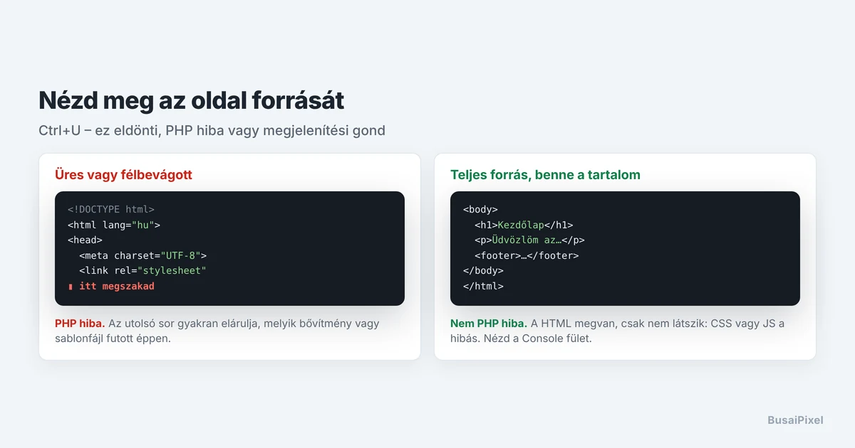 Üres és félbevágott HTML forrás összehasonlítása fehér képernyő esetén